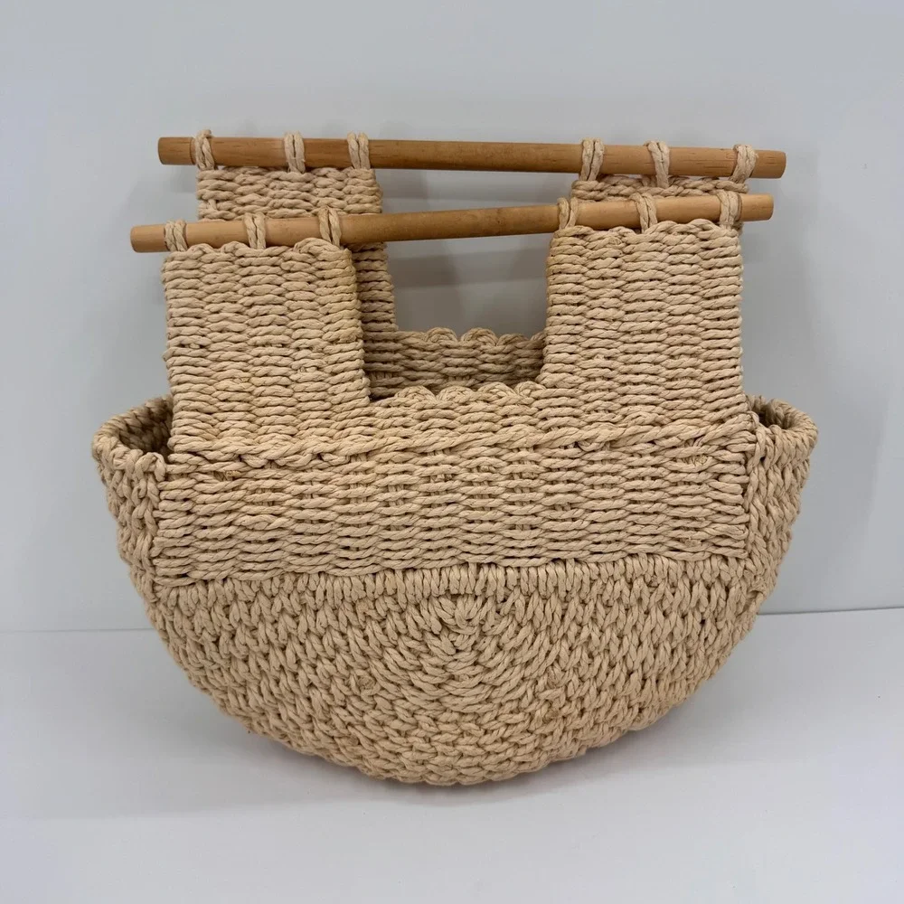 Woven Straw Tote Bag Half Moon Wooden Handle Beige Boho Summer Handbag Unbranded - Picture 2 of 12